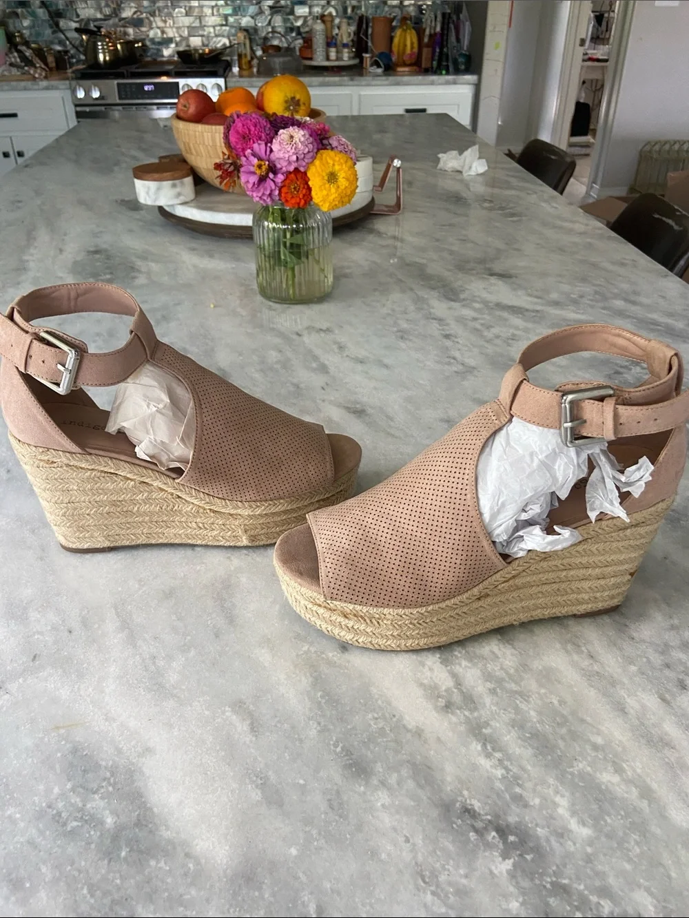 Indigo Blush Pink Perforated Wedge Espadrilles